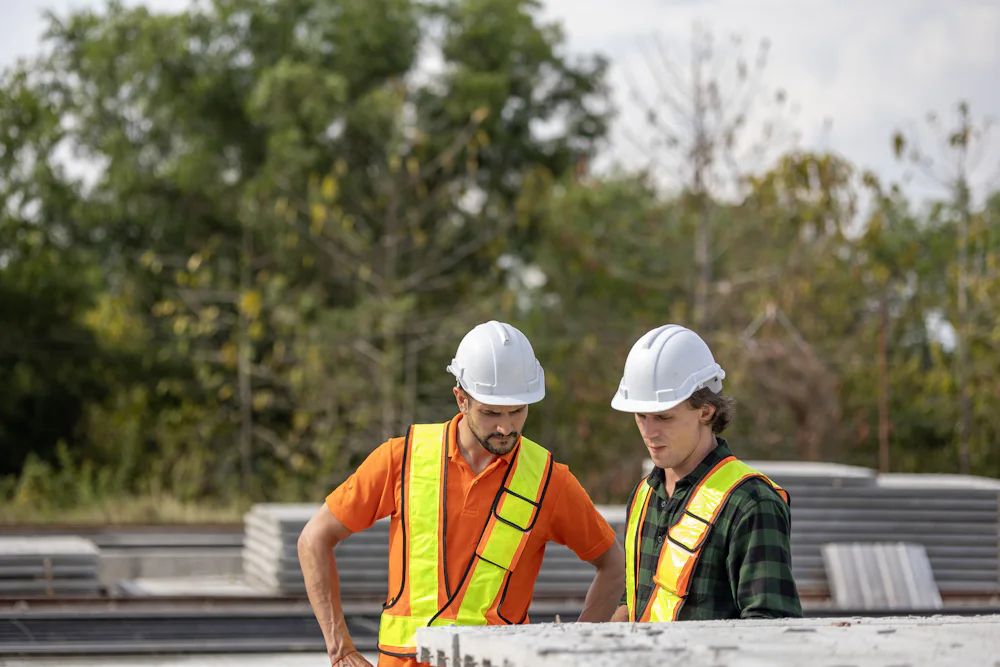Two builders in hard hats reviewing plans on site
